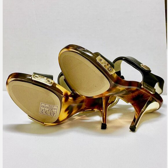 NEW MICHAEL KORS LANI SANDALS BLACK LEATHER 4" HEELS GOLD TORTOISE SHELL PUMPS 7 - Picture 10 of 13